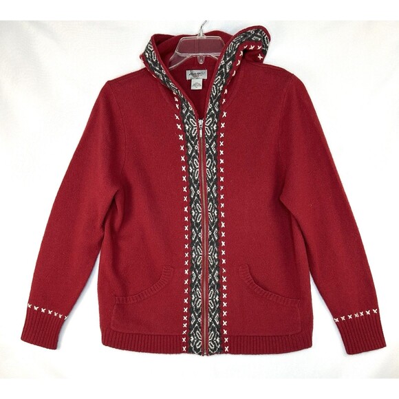 Eddie Bauer Collectibles Hooded Red Cardigan Full Zip Lambs Wool Stitched Sz XL - Picture 1 of 8